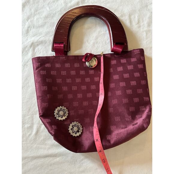Vintage Maroon Satin Handbag with Wood Handles | Retro Boho Bag - Picture 4 of 6